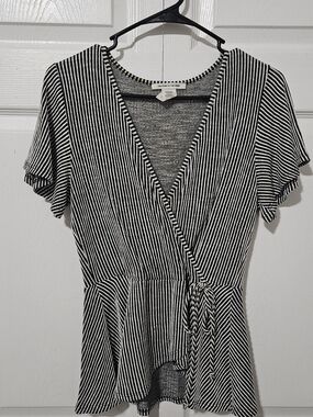 Caution To The Wind Black and White Striped Wrap Peplum Top